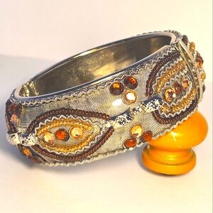 Lane Bryant Hinged Bangle Bracelet, Silver Metal, Gold/Brown Seed Beads & Stones